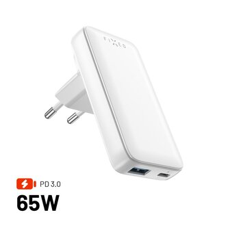 Fixed Síťová GaN nabíječka Slim Traveller s USB-C a USB výstupem s vyměnitelnými adaptéry, 65W, bílá