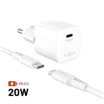 Fixed Set síťové nabíječky Mini s USB-C výstupem a USB-C USB-C kabelu, podpora PD, 1,2 metr, 20W, bílý
