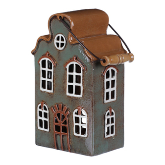 Domeček keramický - na čajovou svíčku, šedo-zelený