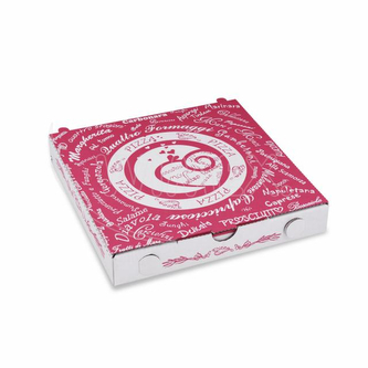 Krabice na pizzu (mikrovlnitá lepenka) C4 bílá s potiskem 20 x 20 x 3 cm [100 ks]