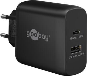 Goobay Napájecí a nabíjecí adaptér 230V na 1x USB-C a 1x USB-A PD, 65W, černý Goobay Napájecí a nabíjecí adaptér 230V na 1x USB-C a 1x USB-A PD, 65W, černý