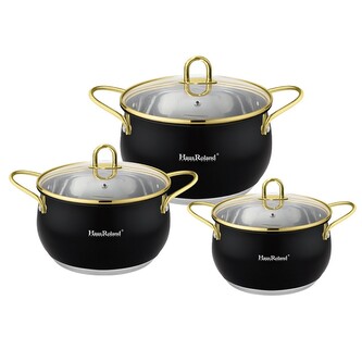 HAUS ROLAND sada nerezového nádobí 6 dílná, barva matná černá s pozlacenými úchyty