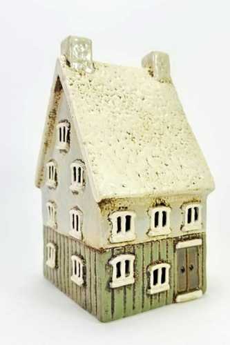 Keramický domek na čajovou svíčku, bílo-zelený 20x12x10,5 cm