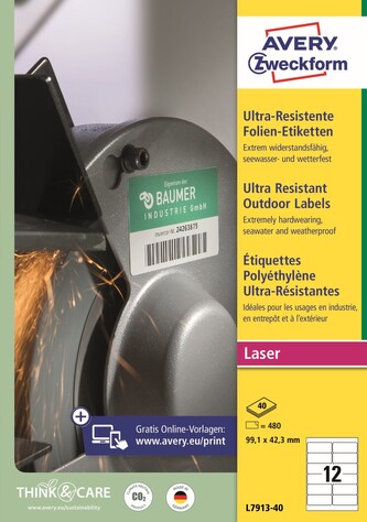 Avery Zweckform L7913-40 Ultra odolné etikety 99,1 x 42,3 mm, 480 ks, 40 archů A4, bílé, PE