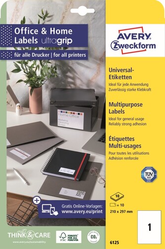 Avery Zweckform 6125 Samolepicí etikety 210 × 297 mm, 10 ks, 10 archů A4, bílé