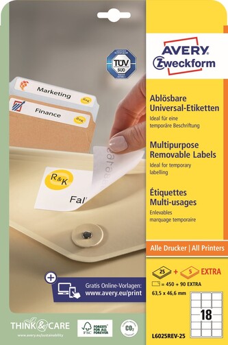 Avery Zweckform L6025REV-25 Snímatelné etikety 63,5 × 46,6 mm, 540 ks, 30 archů A4, bílé