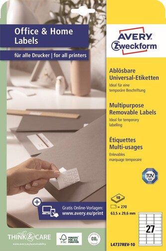 Avery Zweckform L4737REV-10 Snímatelné etikety 63,5 × 29,6 mm, 270 ks, 10 archů A4, bílé