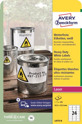 Avery Zweckform L4773-8 Odolné etikety 63,5 × 33,9 mm, 182 ks, 8 archů A4, bílé, PET
