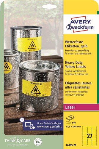 Avery Zweckform L6105-20 Odolné etikety 63,5 × 29,6 mm, 540 ks, 20 archů A4, žluté, PET