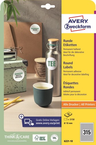 Avery Zweckform 6221-10 Kulaté etikety Ø 10 mm, 3 150 ks, 10 archů A4, bílé