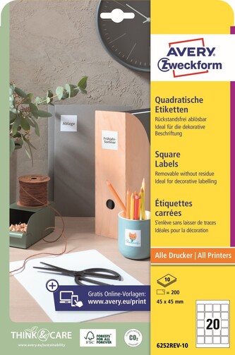 Avery Zweckform 6252REV-10 Čtvercové etikety 45 × 45 mm, 200 ks, 10 archů A4, bílé, snímatelné