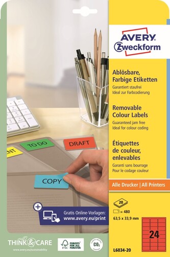 Avery Zweckform L6034-20 Barevné etikety 63,5 × 33,9 mm, 480 ks, 20 archů A4, červené, snímatelné