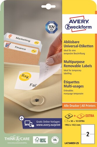 Avery Zweckform L4734REV-25 Snímatelné etikety 199,6 × 143,5 mm, 60 ks, 30 archů A4, bílé