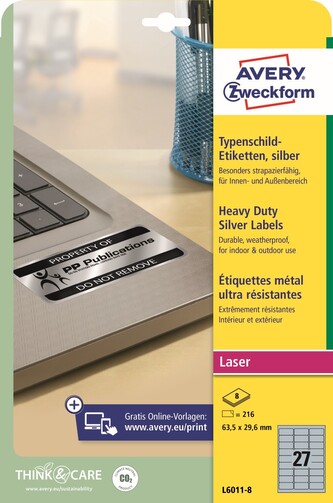 Avery Zweckform L6011-8 Odolné etikety 63,5 × 29,6 mm, 216 ks, 8 archů A4, stříbrné, PET