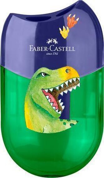 Ořezávátko "Dinosaurus", displej/10 ks, modro-zelená, 2 otvory, se zásobníkem, FABER-CASTELL