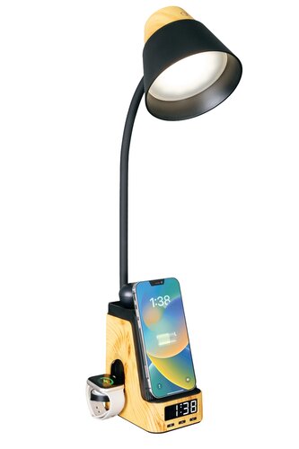 LED stolní lampička Immax IDEAL s QI nabíjením  CCT světlé dřevo/černá