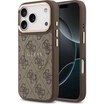 Guess PU Leather 4G Gold Frame MagSafe kryt iPhone 17 Pro hnědý