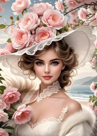 Diamantový obrázek dáma s květinovým kloboukem  30 x 40 cm