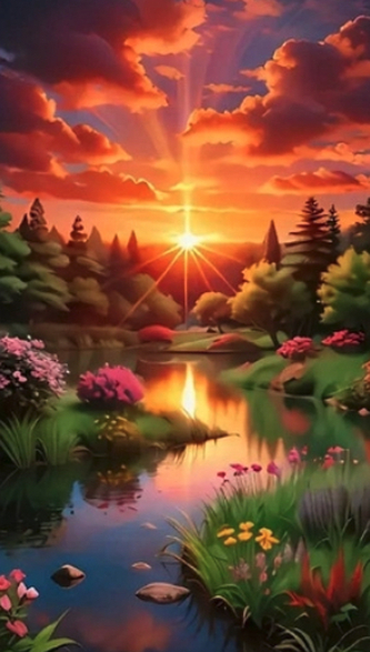 Diamantový obrázek západ slunce nad řekou, abstrakce 30 x 40 cm