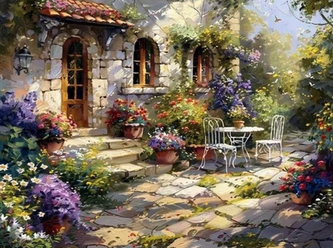 Diamantový obrázek kamenné terasy v zahradě 30 x 40 cm