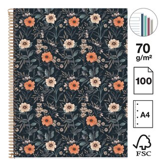 Miquelrius poznámkový blok - British Bloom, NB - 4, A4, 70 g, karton, 100 listů, linka, Bloom