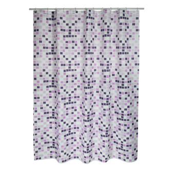 MSV sprchový závěs MOSAIKO, motiv čtverců, bílo-fialový,180 x 200 cm, polyester, s kroužky
