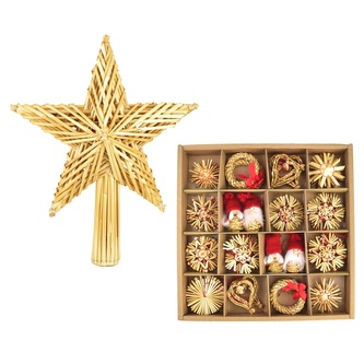Slaměná špička hvězda 25x30 cm + slaměné ozdoby se skřítky, 56 ozdob