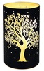 Svítící skleněný válec s motivem stromu – černý, 15 x 9 cm, teplá bílá, 10 LED, časovač