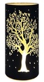 Svítící skleněný válec s motivem stromu – černý, 20 x 9 cm, teplá bílá, 10 LED, časovač