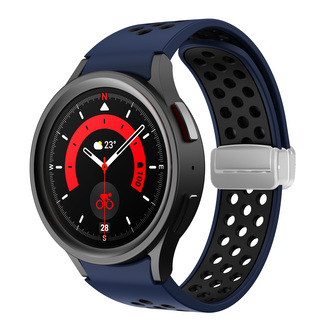 Perforovaný magnetický řemínek pro Samsung Watch 4/5/6,Tmavěmodro-černý se stříbrnou přezkou