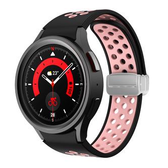 Perforovaný magnetický řemínek pro Samsung Watch 4/5/6,Černo-růžový se stříbrnou přezkou