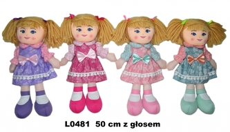 LALKA SZMACIANA Z GLOSEM 50CM SUKIENKA Z KOKAR S