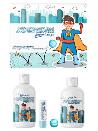 Dárková sada | Superhrdina - Dětská kosmetika s vůní a příchutí Bubble Gum - Sprchový gel | Jelení lůj | Pěna do koupele + dárek Skákací míček