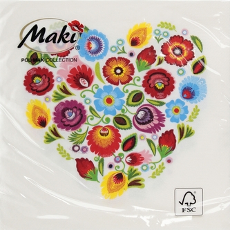 Serwetka papierowa 3warstwowa 33x33 Łowicz białe serca op20szt POL-MAK SLOG058801