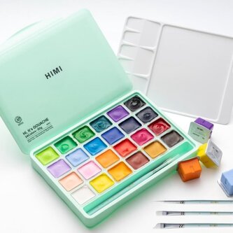 HIMI kvašové barvy - Jelly Cup Gouache Set - 24 Colours + 3 štětce(Green Case Edition)