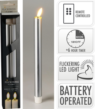 Sada 2ks stříbrných LED svíček s blikajícím plamenem, 25 cm