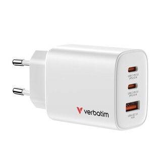 Verbatim GaN cestovní adaptér Essentials 65W, 2×USB-C PD, 1×USB-A QC, EU konektor, bílá Verbatim GaN cestovní adaptér Essentials 65W, 2×USB-C PD, 1×USB-A QC, EU konektor, bílá