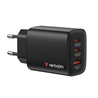 Verbatim GaN cestovní adaptér Essentials 65W, 2×USB-C PD, 1×USB-A QC, EU konektor, černá Verbatim GaN cestovní adaptér Essentials 65W, 2×USB-C PD, 1×USB-A QC, EU konektor, černá