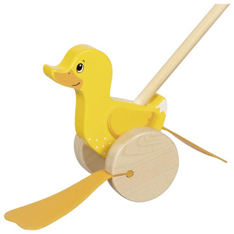 Drewniana zabawka na kiju do pchania kaczka Goki