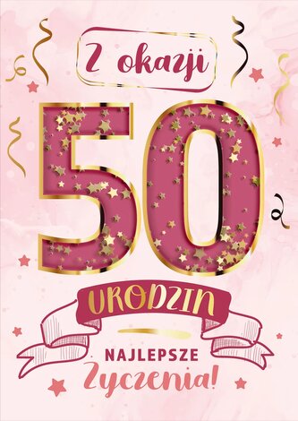 Karnet KF 50 Urodziny różowe, konfetti KF-015