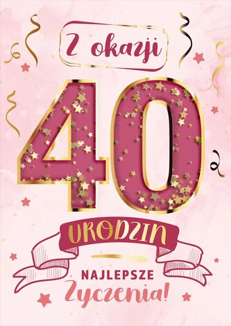 Karnet KF 40 Urodziny różowe, konfetti KF-013