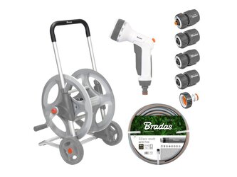 Pojízdný naviják WHITE LINE s hadicí 1/2" 30 m a příslušenstvím SILVER PRO SET, kovový - BRADAS