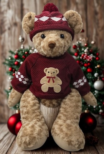 Plyšový medvěd XXL v zimním vínovém svetru