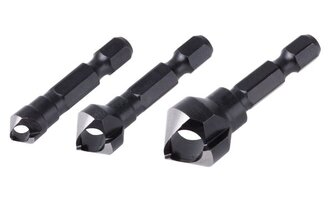 Zestaw pogłębiaczy 8, 12, 16 mm Wolfcraft - z wyrzutnikiem, trzpień 6-kątny Zestaw pogłębiaczy 8, 12, 16 mm Wolfcraft - z wyrzutnikiem, trzpień 6-kątny