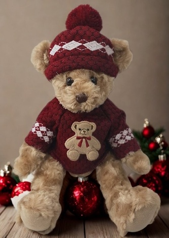 Plyšový medvěd v zimním vínovém svetru