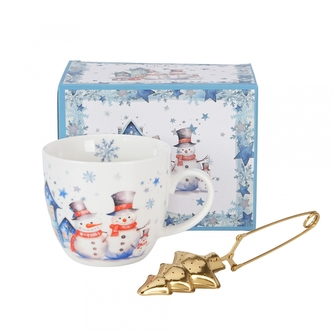 Porcelánový hrnek SNĚHULÁK, 460 ml v krabičce s kovovým sítkem na čaj