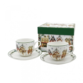 Sada dvou šálků a podšálků 90 ml VÁNOČNÍ VESNICE v dárkové krabičce