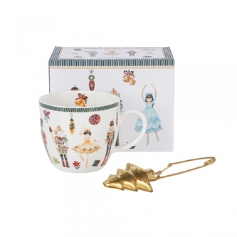 Porcelánový hrnek VÁNOČNÍ LOUSKÁČEK, 460 ml v krabičce s kovovým sítkem na čaj