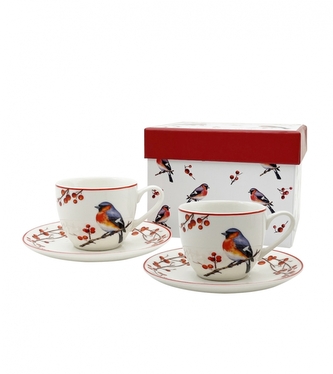 Sada dvou šálků a podšálků 90 ml VÁNOČNÍ PTÁČCI 3 v dárkové krabičce