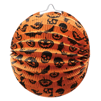 Halloweenský lampion, papírový, kulatý, 26 cm x 22,5 cm, očko na zavěšení